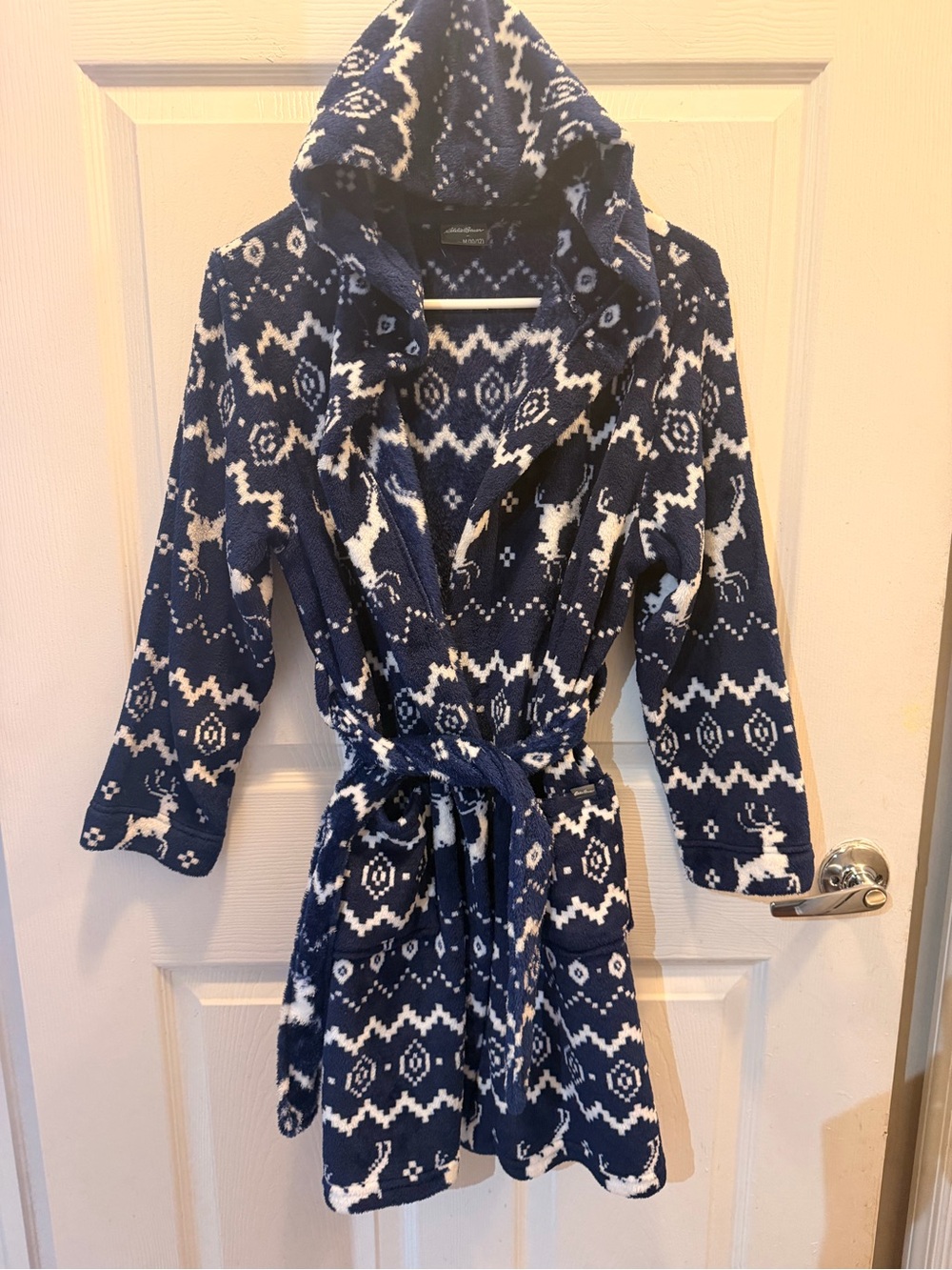 Eddie Bauer Cozy Navy & White Hooded Knit Robe Coat